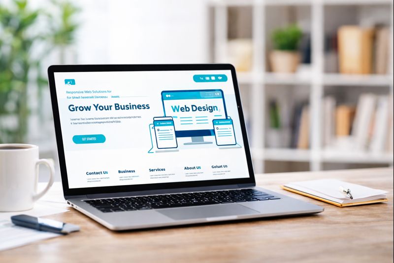 A laptop on a desk showing a website design